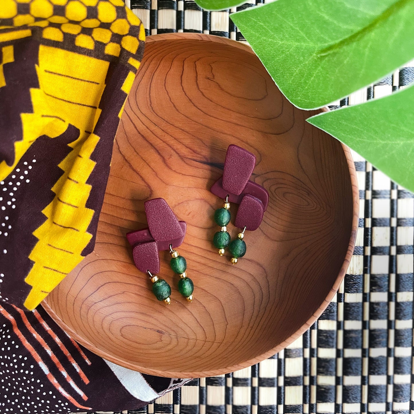 Burgundy African-Inspired earrings with recycled glass beads Atiwo Designs