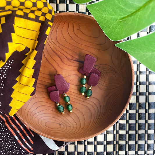 Burgundy African-Inspired earrings with recycled glass beads Atiwo Designs