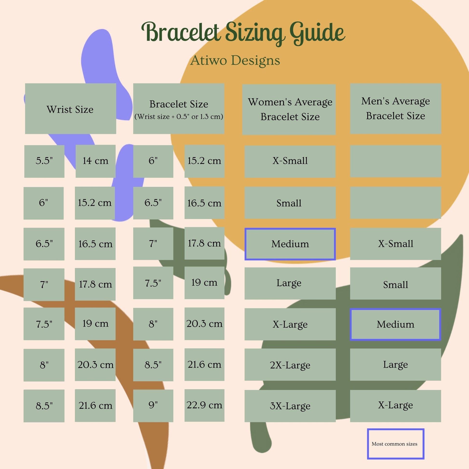 Sizing chart for handmade bracelets