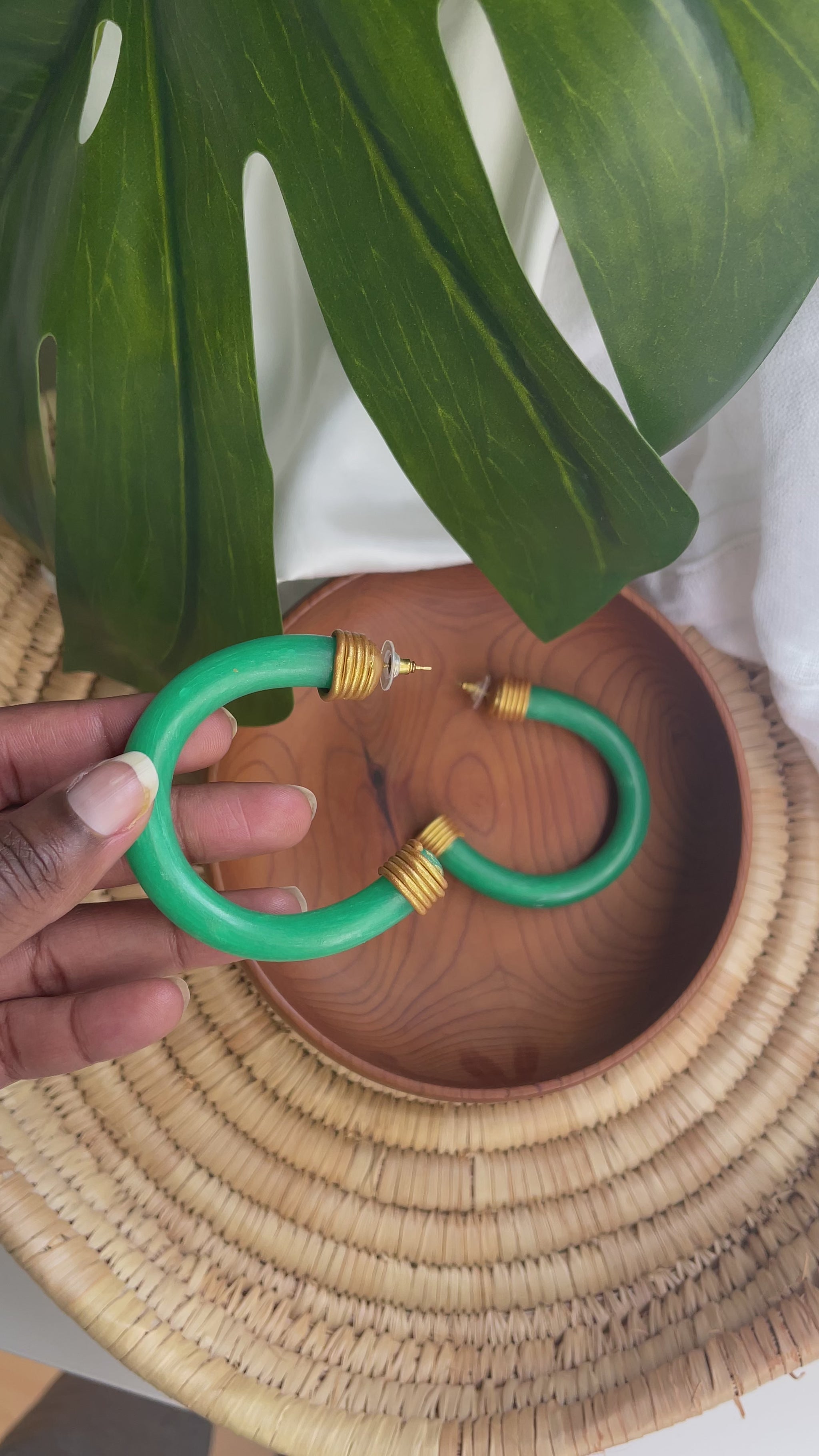 Jade-inspired hoop earrings with gold details Atiwo Designs